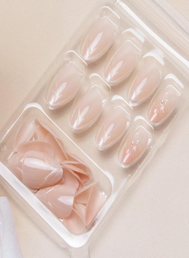TOGZOM Almond Short Nude Press on Nails - Glossy 3D Flower Acrylic French Tip Gradient False Nails - Full Cover Glue on for Women Girls Manicure Decor - 24Pcs - Image 2
